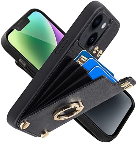 LAMEEKU е Съвместим с калъф за iPhone 14, Калъф-портфейл с държач за карти, Кожен калъф с блокиране на RFID, Околовръстен