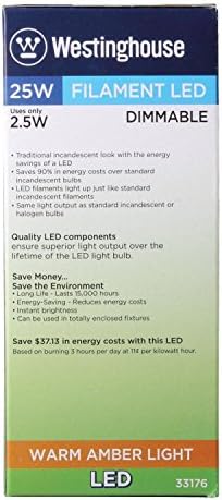 Уестингхаус Lighting 3317620 Led лампа с регулируема яркост на кехлибарена нажежаема жичка с мощност 25 W, еквивалент