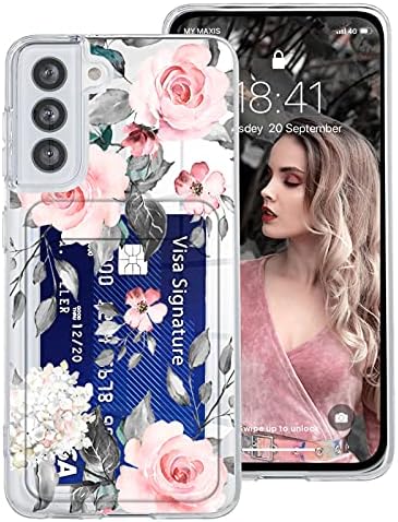 ZIYE Предназначен за Samsung Galaxy S21 5G Калъф с Държач за карти за Жени, Момичета Розово Цвете на Цвете Модел Мобилен Телефон Прозрачен Калъф-Портфейл с Защитно фолио за екр