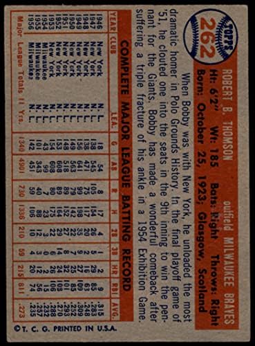 1957 Topps 262 Боби Томсън Милуоки Брейвз (Бейзболна картичка) VG/БИВШ Брейвз