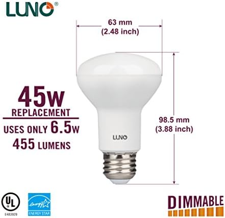Led лампа LUNO R20, с регулируема яркост, 6,5 W (което се равнява на 45 W), 455 лумена, 2700 К (мека), Средна база (E26),
