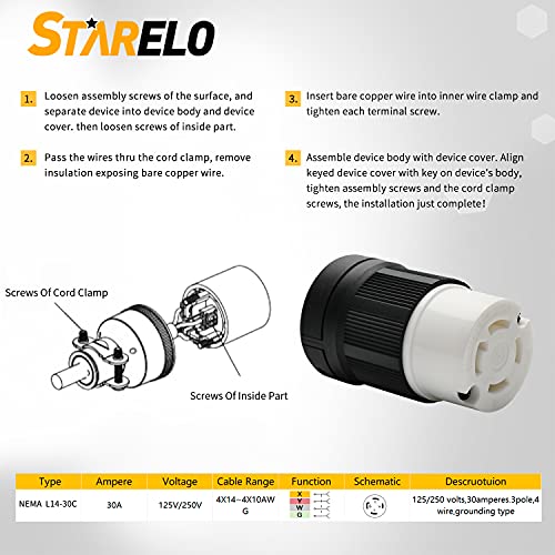 STARELO 30Amp, Определя мъжки/ жак за генераторной инсталация, NEMA L14-30P и L14-30С, 125/250, 3 полюс, на 4 проводника