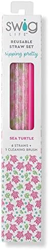 За многократна употреба сламки Swig Life Морска костенурка + комплект розови високи соломинок и четка за почистване,