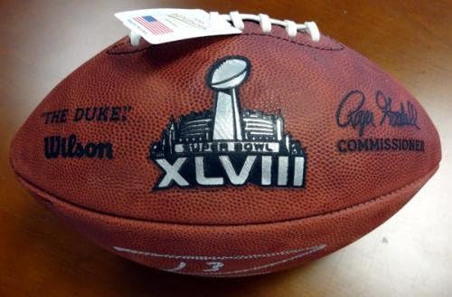 Кожена футболна топка за супер купата на Ръсел Уилсън с автограф Seattle Seahawks SB XLVIII Champs RW Holo Stock 72353
