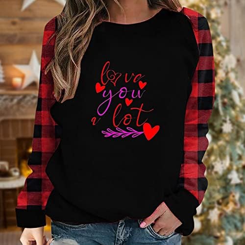 Ризи за Свети Валентин Дамски Блуза Love Heart Графична Тениска С Дълъг Ръкав Срастването Buffalo Кариран Пуловер Топ