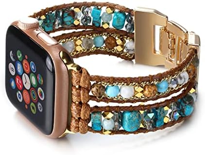 Кожена каишка CHARMINGO Boho, съвместим с каишка на Apple Watch, Гривна от мъниста, за жени и мъже от 38 mm/40 mm/41