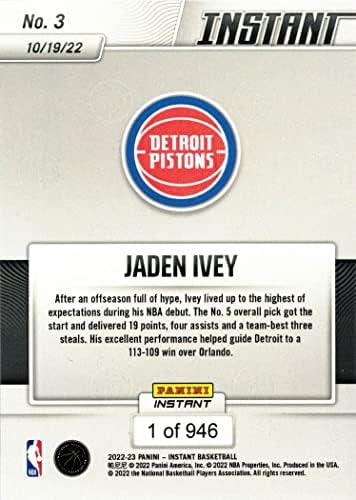 2022-23 Панини Instant Баскетбол 3 Jayden Айви Нов Card Pistons - Направи общо 946