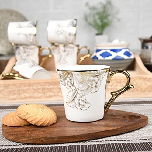 Керамични чаши за кафе са ръчно изработени Femora, комплект от 6 индийските златни чаени чаши (5,5 мл), чаша за капучино,