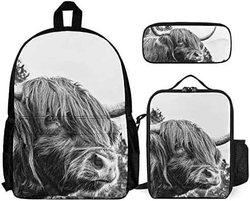 Раница DamTma Wild Scottish Highland Cow, Комплект от 3 теми, Чанта за книги и Обяд Бокс, Раница за лаптоп с Животни,